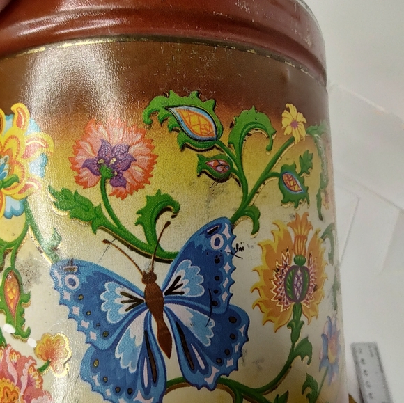 Vintage Metal Tin Canister Round Brown Gold w/Butterflies & Florals 5.5" Tall. - Picture 10 of 11